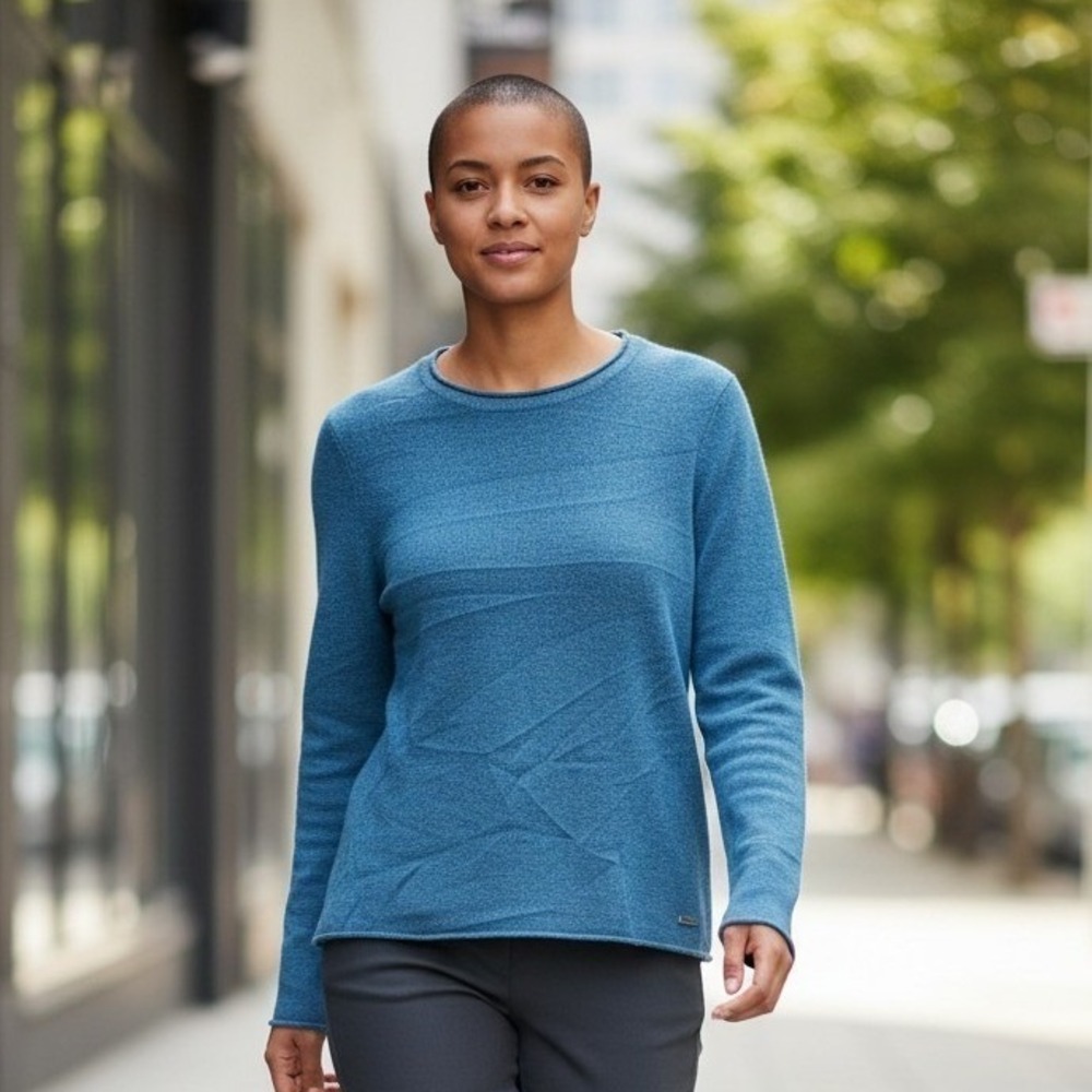 Calvin Klein Women Teal Blue Textured Crewneck Sweater Size S Long Sleeve Logo